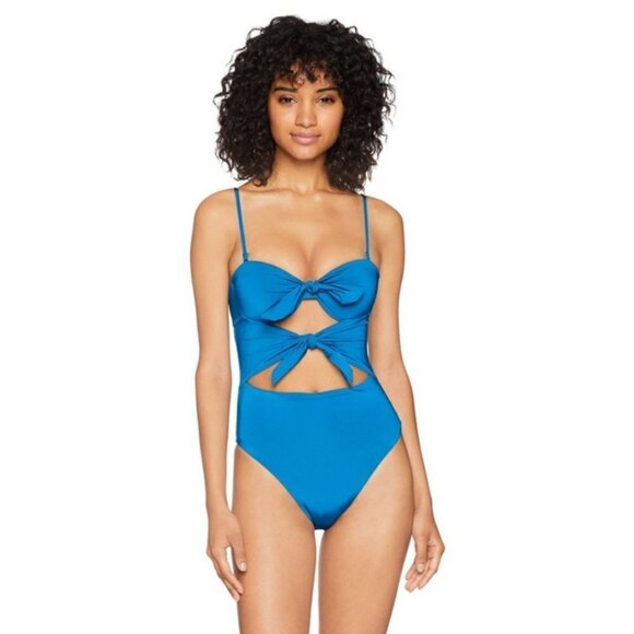 💕TRINA TURK💕 Getaway Solid Tie Bandeau One Piece Swimsuit Teal Blue 14 NWT - Picture 1 of 12